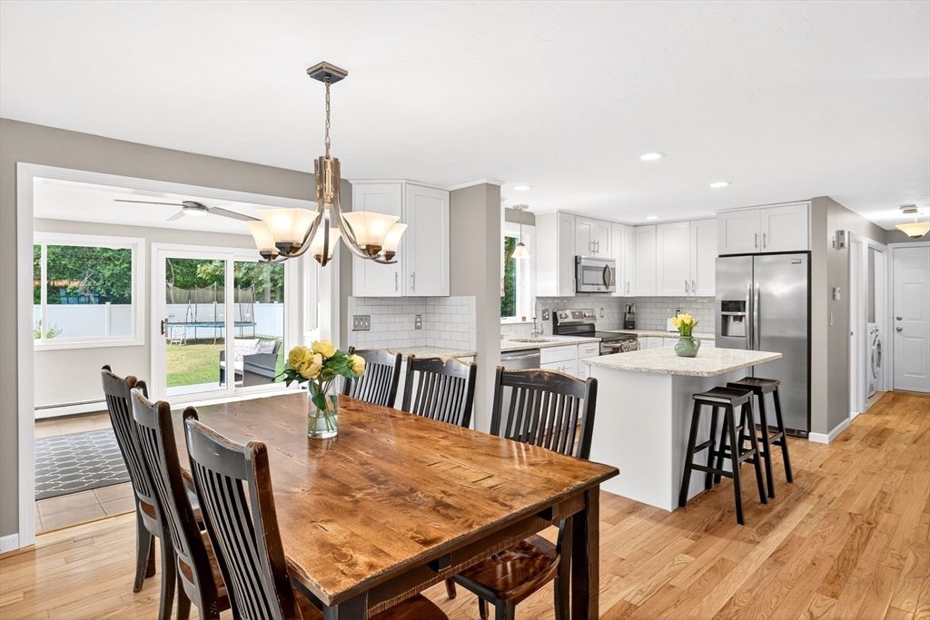 Dining room, Interior, Kitchen, Pendant Lights, Recessed Lighting, Stainless Steel Appliances, Wood Texture Flooring