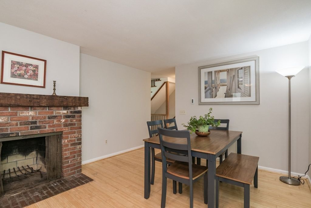 Dining room, Fireplace, Interior, Wood Texture Flooring