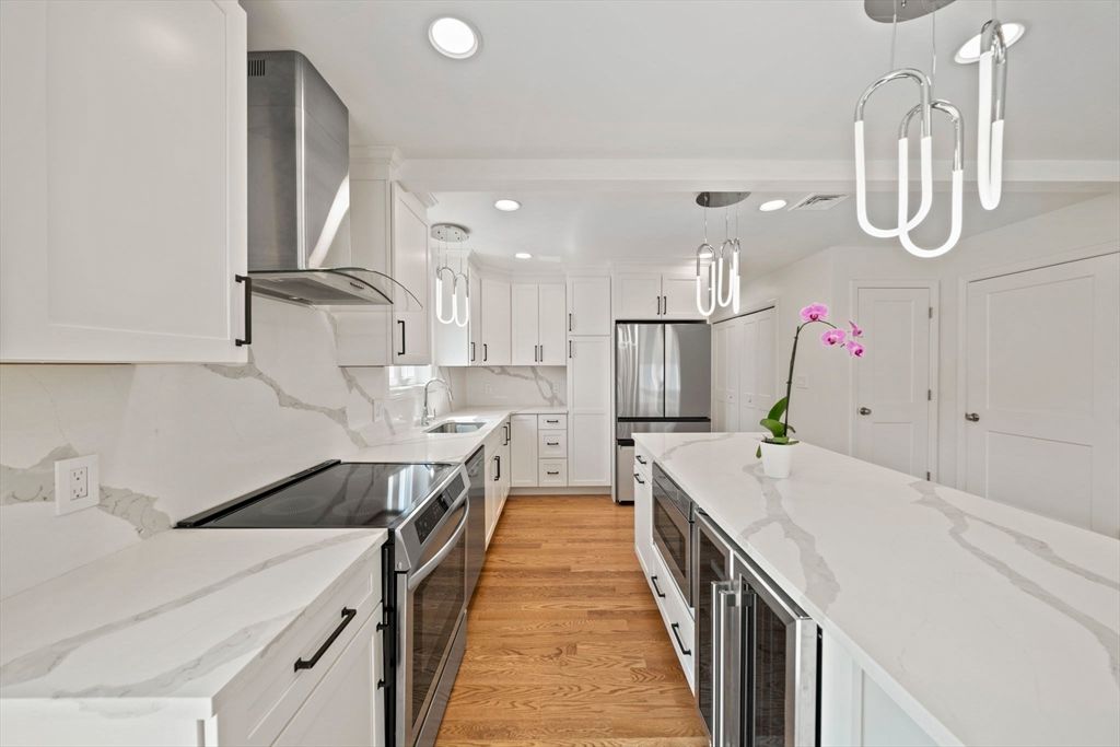 Interior, Kitchen, Pendant Lights, Recessed Lighting, Stainless Steel Appliances, Wood Texture Flooring