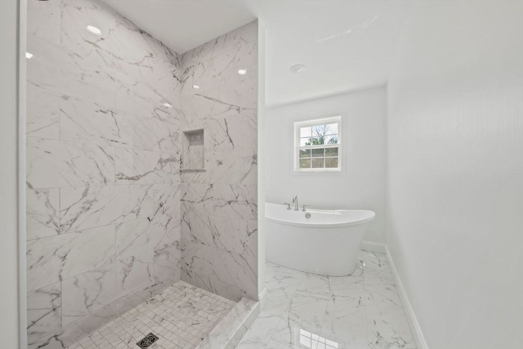 Bathroom, Free Standing Baths, Interior, Marble, Marble Walls, Recessed Lighting