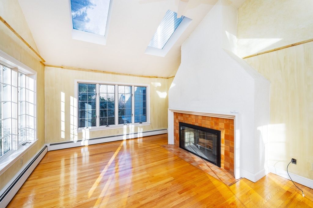 Empty room, Fireplace, Interior, Pendant Lights, Wood Texture Flooring