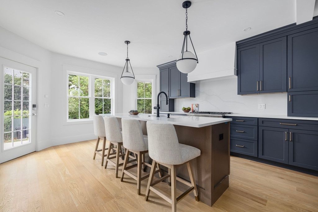 Interior, Kitchen, Marble Walls, Pendant Lights, Recessed Lighting, Wood Texture Flooring