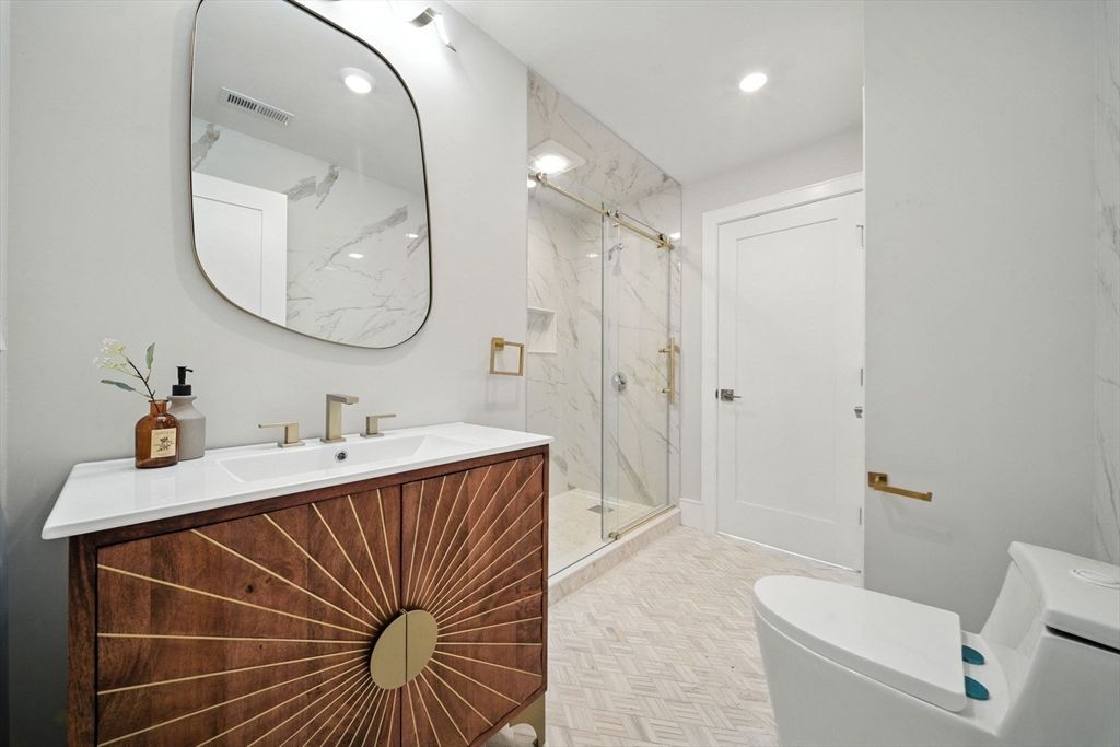 Bathroom, Glass Shower, Interior, Marble Walls, Recessed Lighting