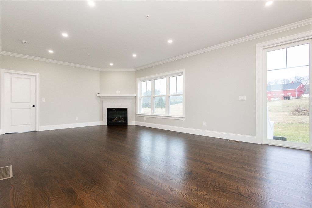 Empty room, Fireplace, Interior, Recessed Lighting, Wood Texture Flooring
