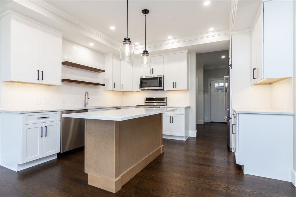 Interior, Kitchen, Pendant Lights, Recessed Lighting, Stainless Steel Appliances, Wood Texture Flooring