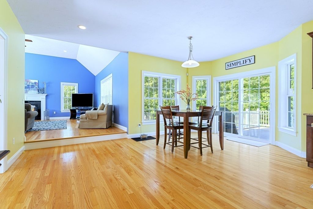 Dining room, Fireplace, Interior, Living room, Pendant Lights, Recessed Lighting, Wood Texture Flooring