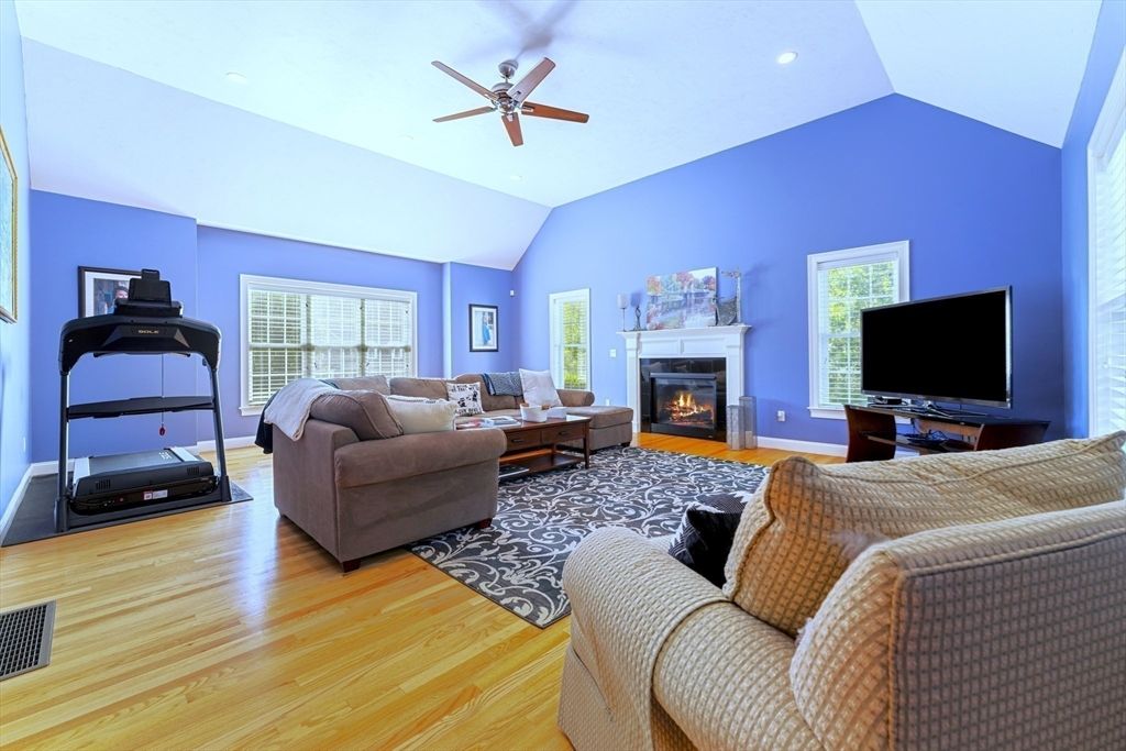 Fireplace, Fitness Equipment, Interior, Living room, Recessed Lighting, Wood Texture Flooring