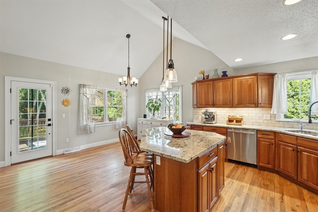 Chandelier, Interior, Kitchen, Pendant Lights, Recessed Lighting, Stainless Steel Appliances, Wood Texture Flooring