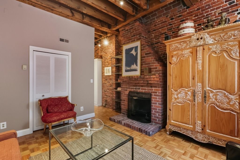Fireplace, Interior, Living room, Stone Walls, Wooden Beams, Wood Texture Flooring