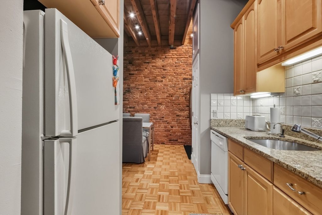 Interior, Kitchen, Recessed Lighting, Stone Walls, Wood Texture Flooring