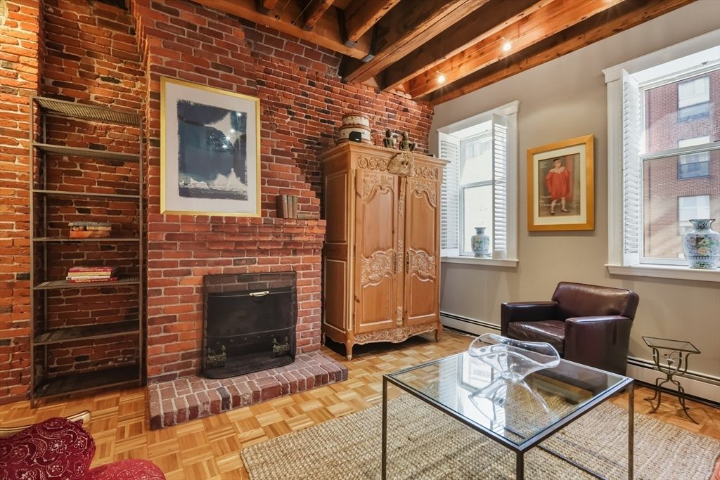 Fireplace, Interior, Living room, Stone Walls, Wooden Beams, Wood Texture Flooring