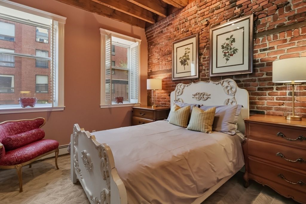 Bedroom, Interior, Stone Walls, Wooden Beams, Wood Texture Flooring