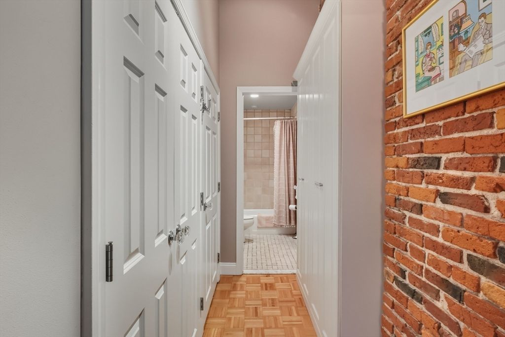 Bathroom, Interior, Recessed Lighting, Stone Walls, Wood Texture Flooring