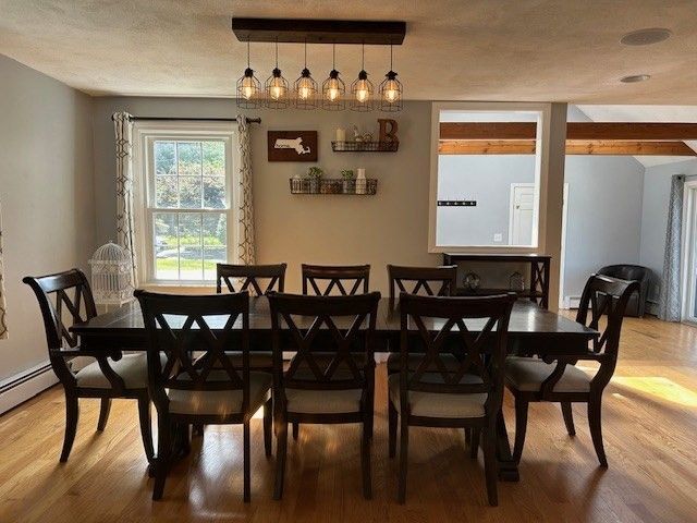 Dining room, Interior, Pendant Lights, Wood Texture Flooring