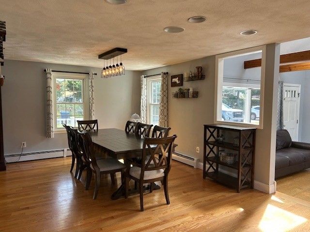 Dining room, Interior, Pendant Lights, Recessed Lighting, Wood Texture Flooring