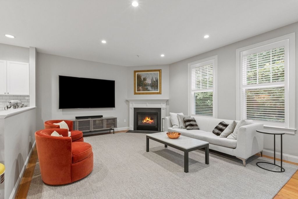 Fireplace, Interior, Living room, Recessed Lighting, Wood Texture Flooring