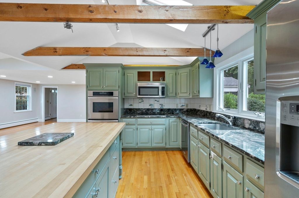 Interior, Kitchen, Pendant Lights, Recessed Lighting, Stainless Steel Appliances, Wooden Beams, Wood Texture Flooring