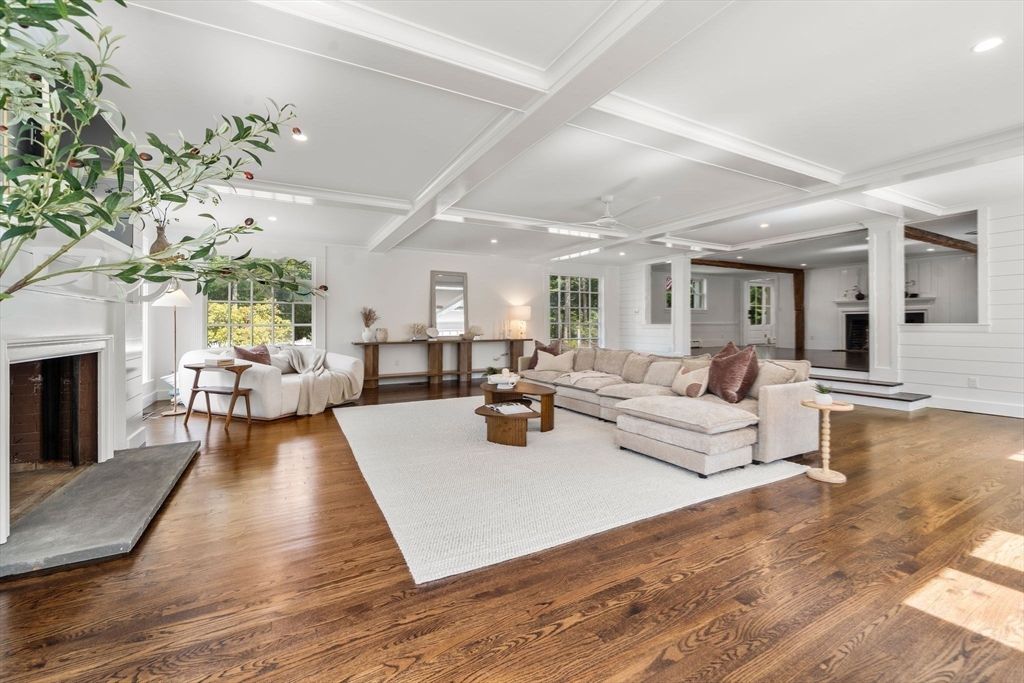 Fireplace, Interior, Living room, Recessed Lighting, Wood Texture Flooring