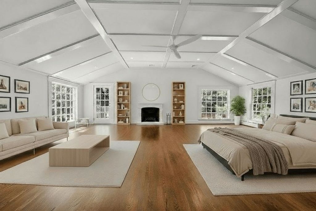 Bedroom, Fireplace, Interior, Living room, Recessed Lighting, Wood Texture Flooring