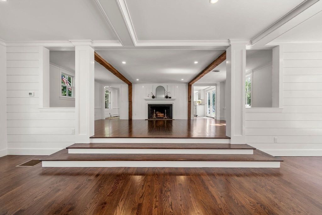 Empty room, Fireplace, Interior, Recessed Lighting, Wood Texture Flooring