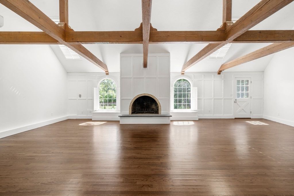 Empty room, Fireplace, Interior, Wooden Beams, Wood Texture Flooring