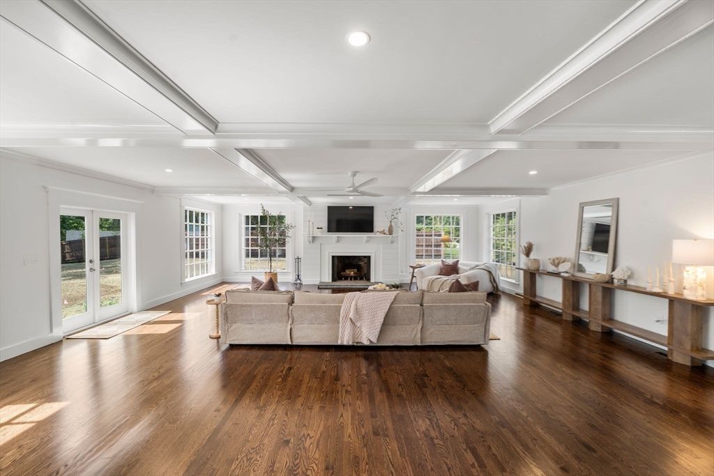 Fireplace, Interior, Living room, Recessed Lighting, Wood Texture Flooring