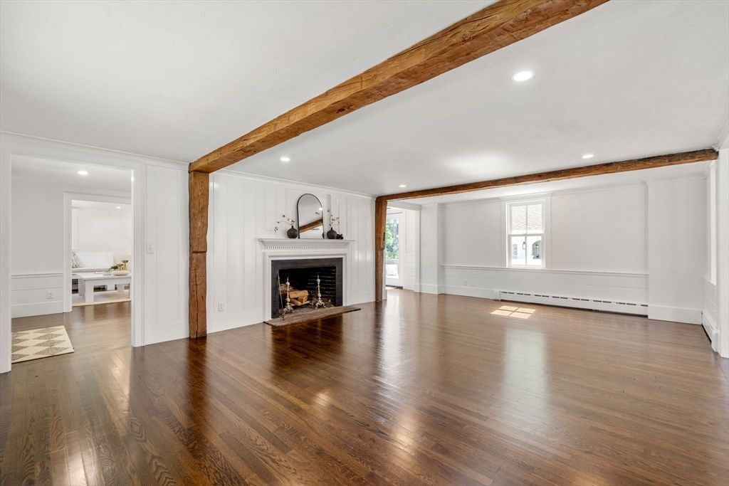Empty room, Fireplace, Interior, Recessed Lighting, Wooden Beams, Wood Texture Flooring