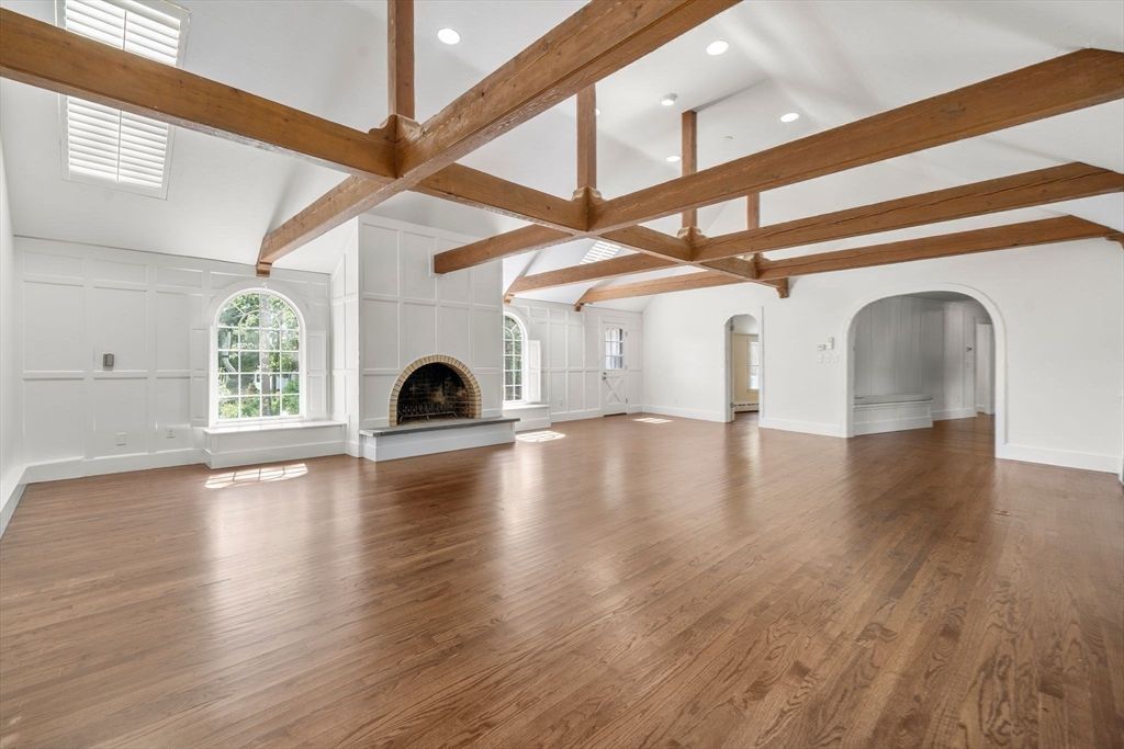 Empty room, Fireplace, Interior, Recessed Lighting, Wooden Beams, Wood Texture Flooring