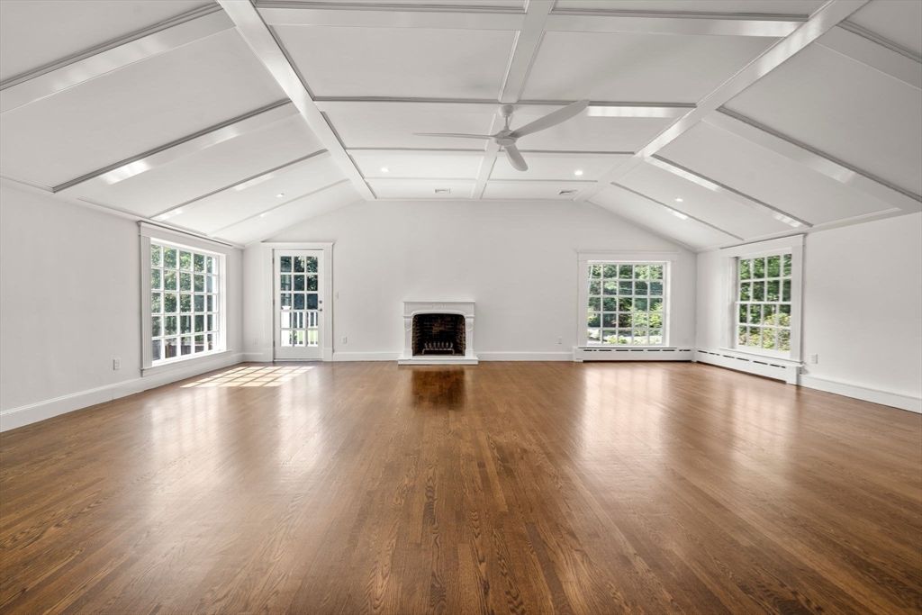 Empty room, Fireplace, Interior, Recessed Lighting, Wood Texture Flooring