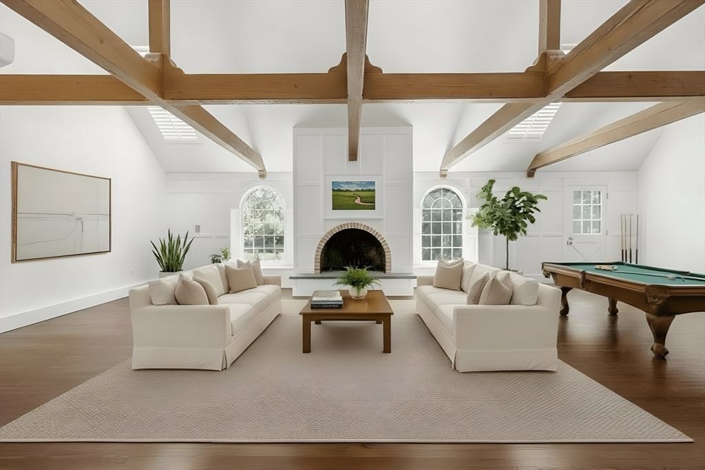 Billiard Table, Fireplace, Game Room, Interior, Living room, Wooden Beams, Wood Texture Flooring