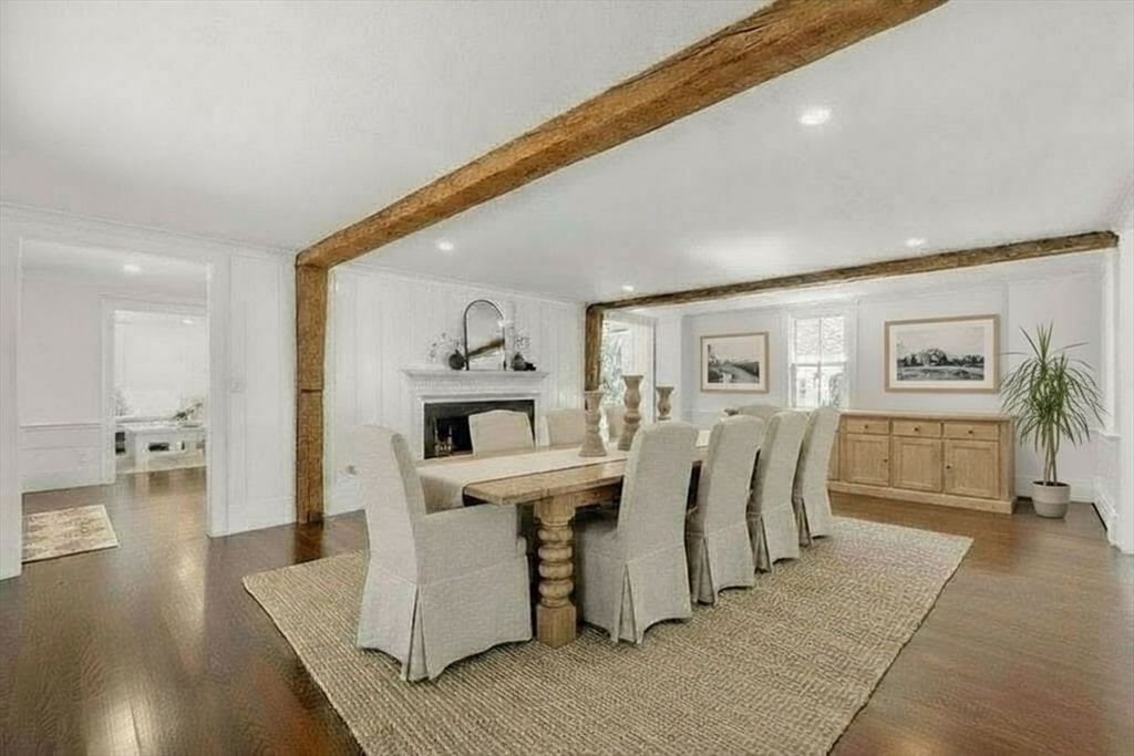 Dining room, Fireplace, Interior, Recessed Lighting, Wooden Beams, Wood Texture Flooring