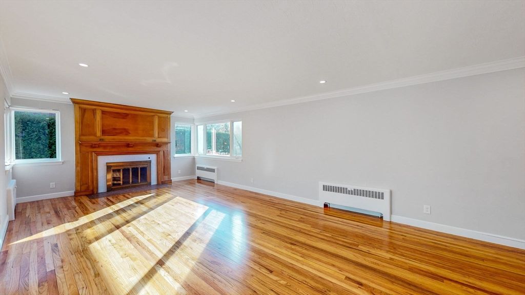 Empty room, Fireplace, Interior, Recessed Lighting, Wood Texture Flooring