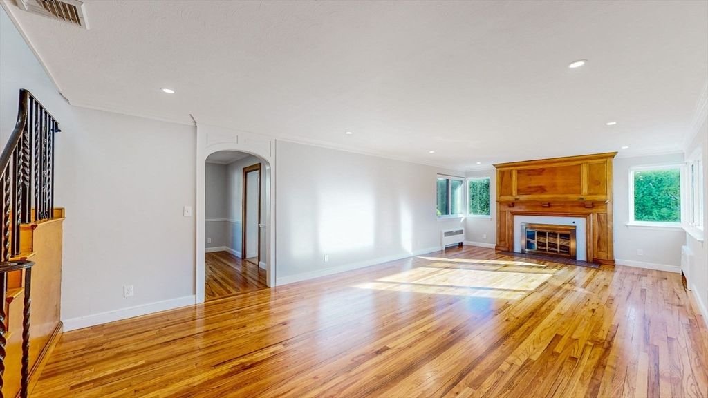 Empty room, Fireplace, Interior, Recessed Lighting, Wood Texture Flooring