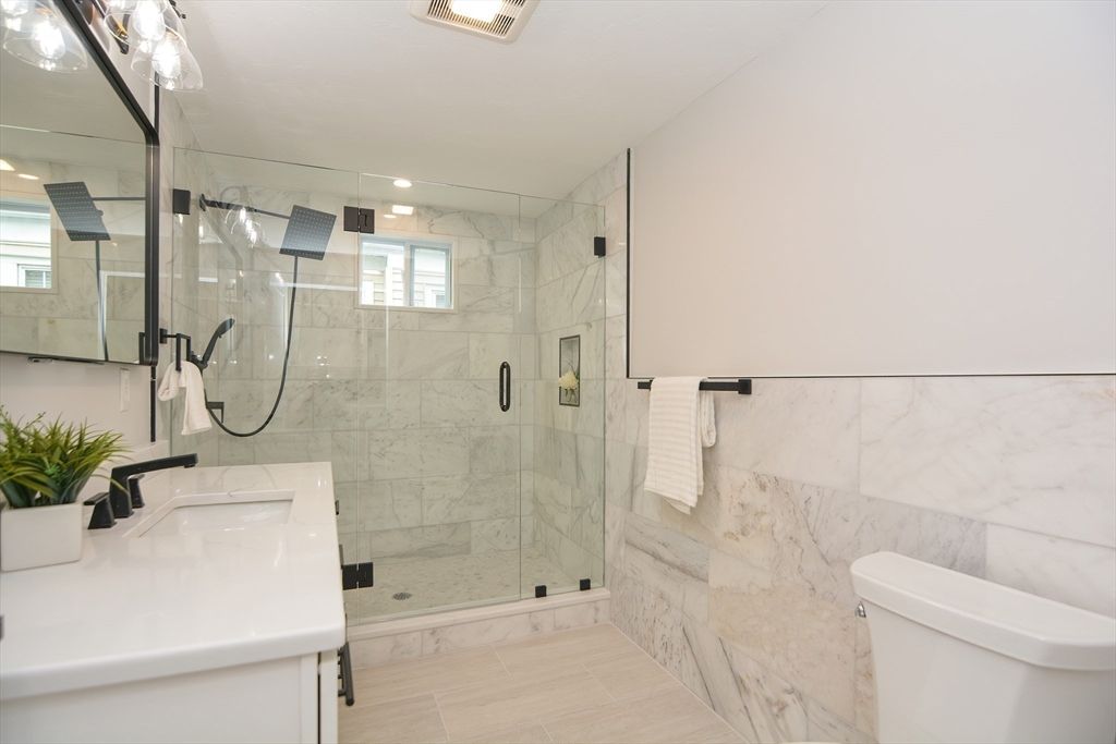 Bathroom, Glass Shower, Interior, Marble Walls, Recessed Lighting