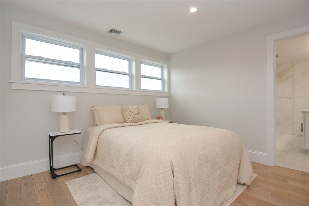 Bedroom, Interior, Marble Walls, Recessed Lighting, Wood Texture Flooring