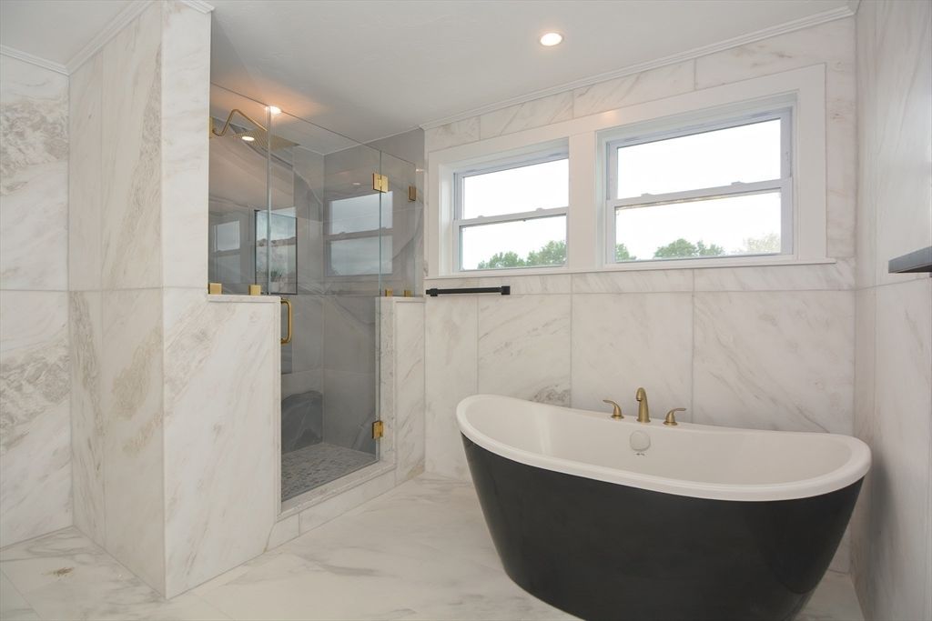 Bathroom, Free Standing Baths, Glass Shower, Interior, Marble, Marble Walls, Recessed Lighting