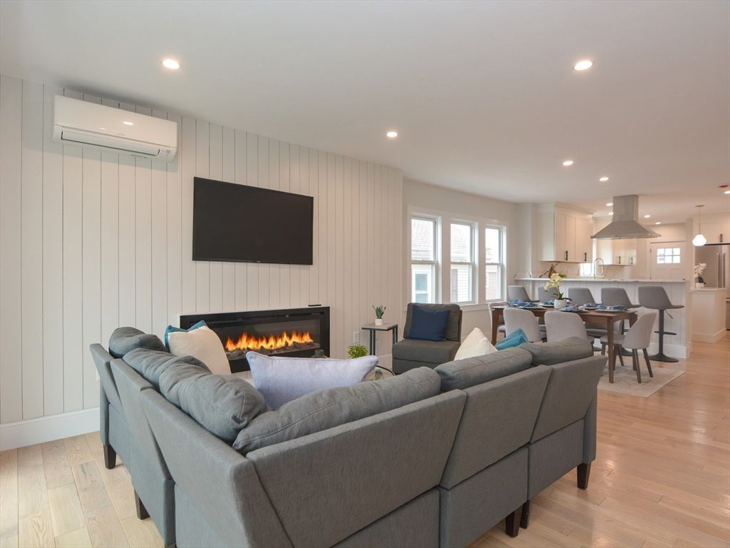 Dining room, Fireplace, Interior, Kitchen, Living room, Pendant Lights, Recessed Lighting, Wood Texture Flooring