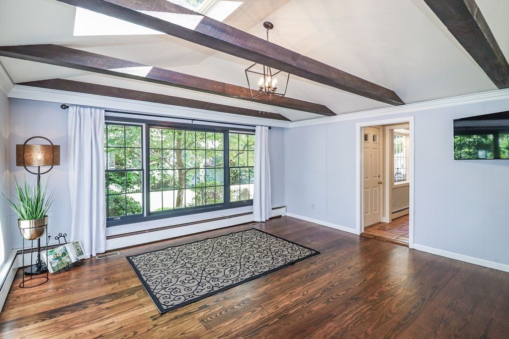 Empty room, Interior, Pendant Lights, Wooden Beams, Wood Texture Flooring