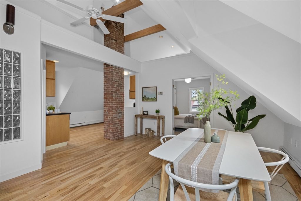 Dining room, Interior, Recessed Lighting, Stone Walls, Wood Texture Flooring