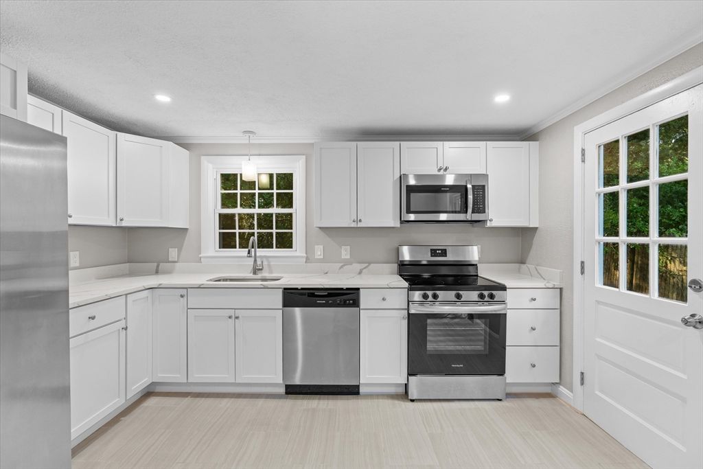 Interior, Kitchen, Pendant Lights, Recessed Lighting, Stainless Steel Appliances, Wood Texture Flooring