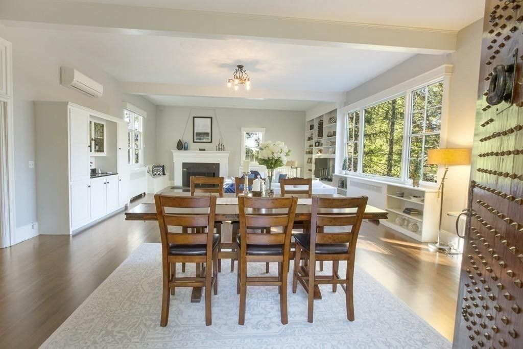 Dining room, Fireplace, Interior, Wood Texture Flooring