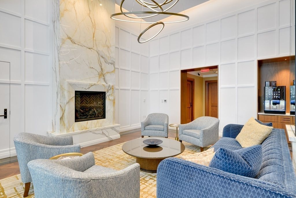 Fireplace, Interior, Living room, Marble Walls, Pendant Lights, Wood Texture Flooring