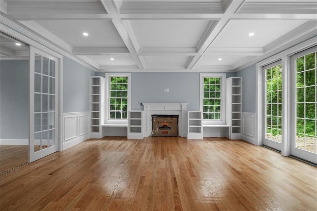 Empty room, Fireplace, Interior, Recessed Lighting, Wood Texture Flooring