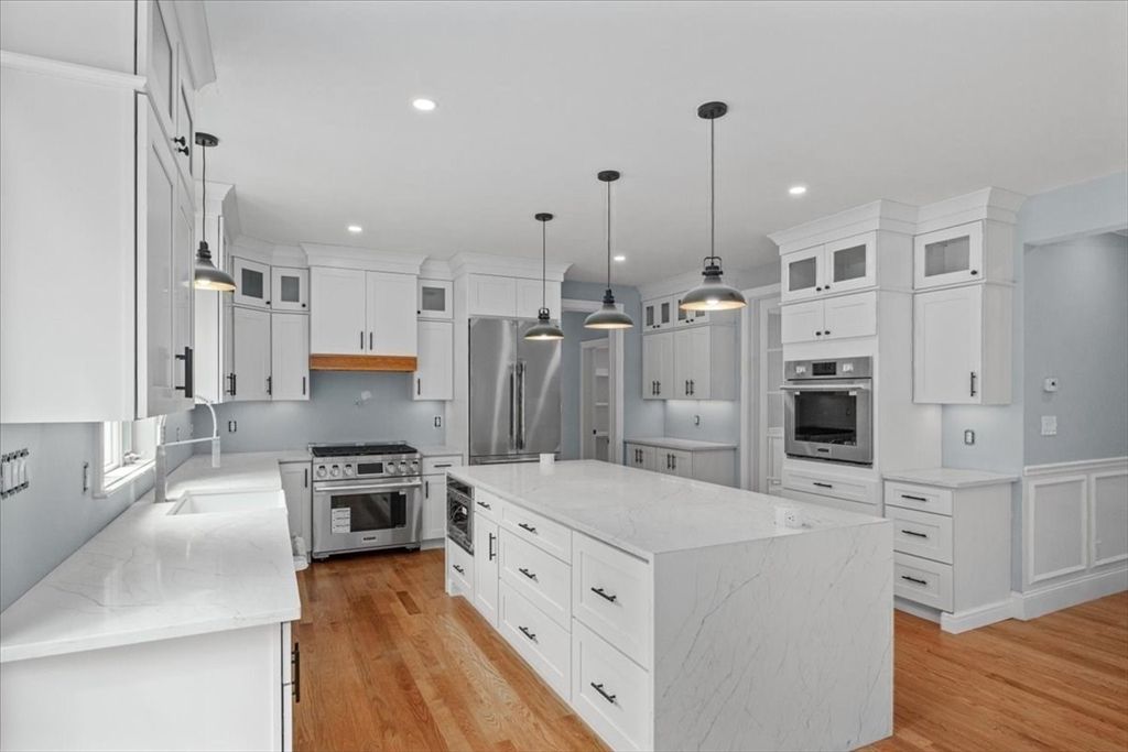 Interior, Kitchen, Pendant Lights, Recessed Lighting, Stainless Steel Appliances, Wood Texture Flooring