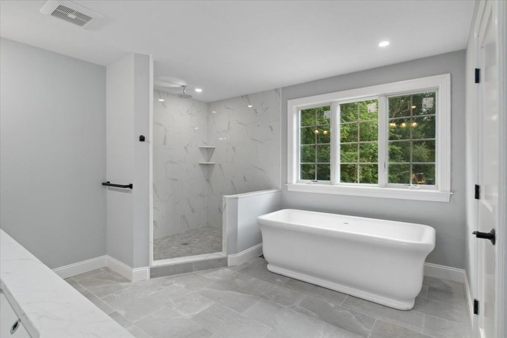 Bathroom, Free Standing Baths, Interior, Marble Walls, Recessed Lighting