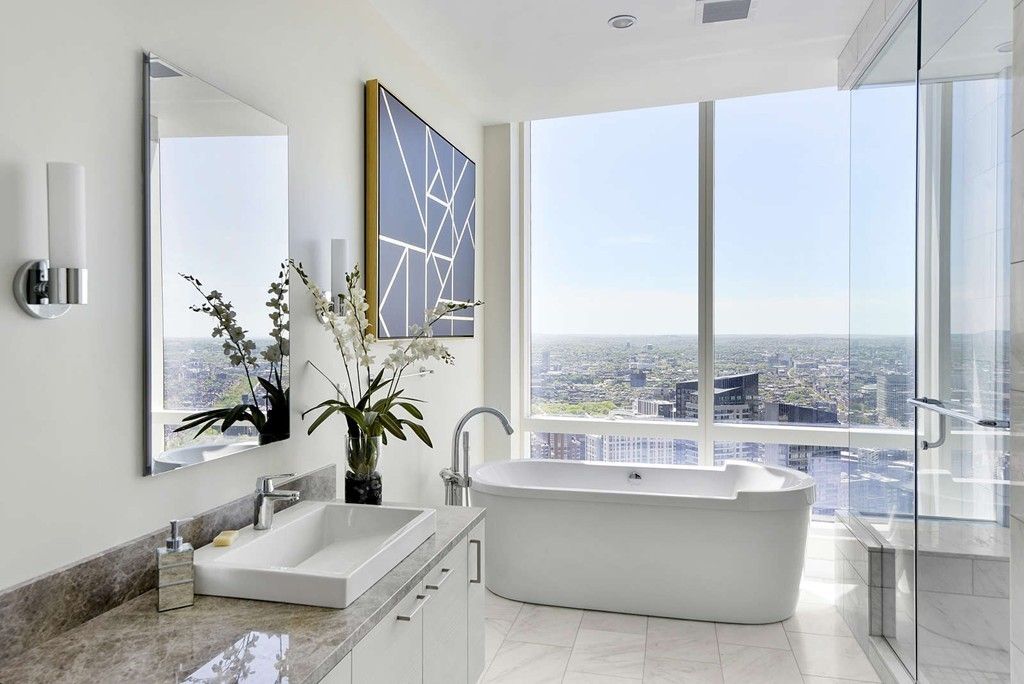 Bathroom, Free Standing Baths, Glass Shower, Interior, Marble, Recessed Lighting