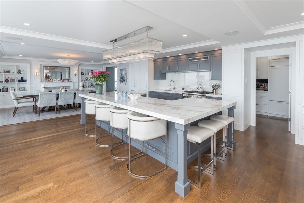 Dining room, Interior, Kitchen, Recessed Lighting, Stainless Steel Appliances, Wood Texture Flooring