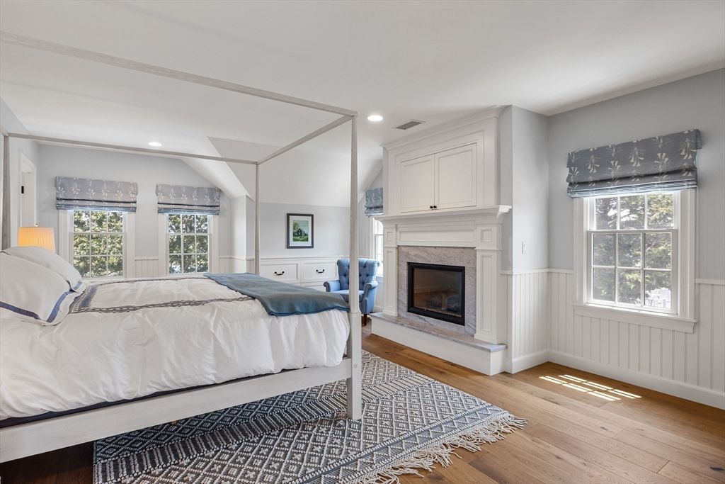 Bedroom, Fireplace, Interior, Recessed Lighting, Wood Texture Flooring