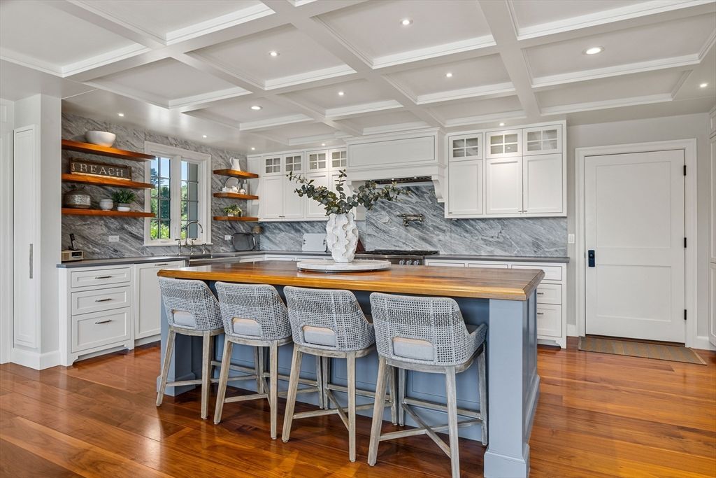 Interior, Kitchen, Marble Walls, Recessed Lighting, Wood Texture Flooring