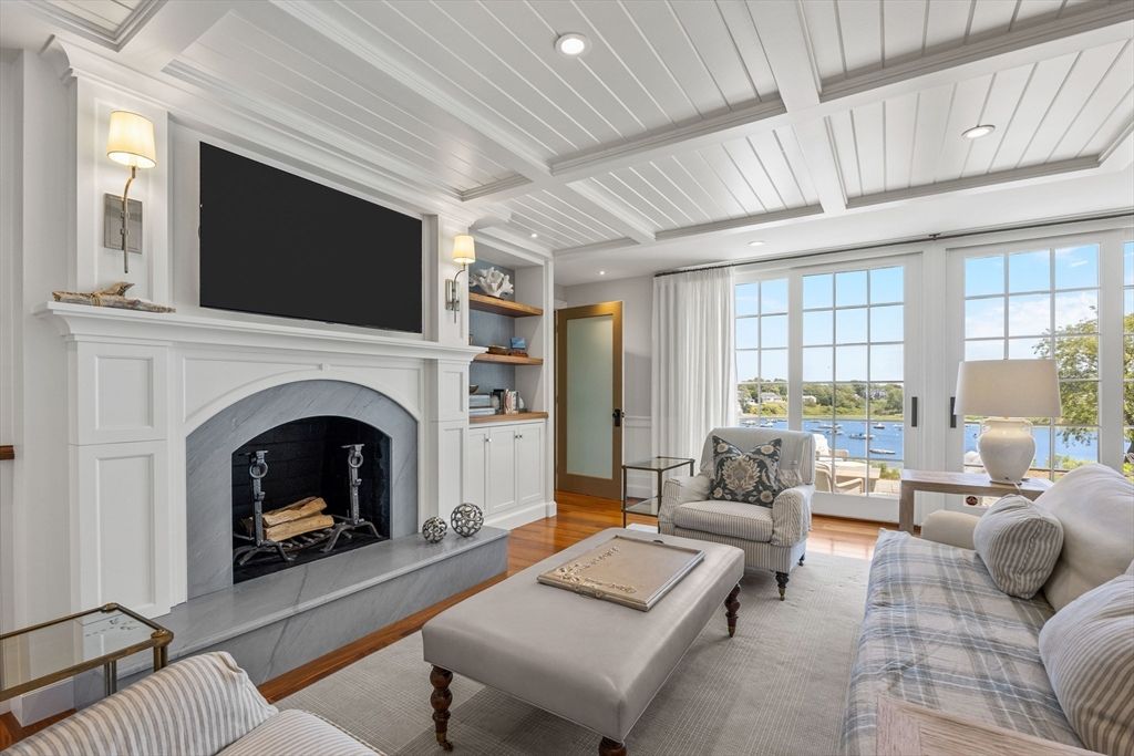 Fireplace, Interior, Living room, Recessed Lighting, Water, Wood Texture Flooring